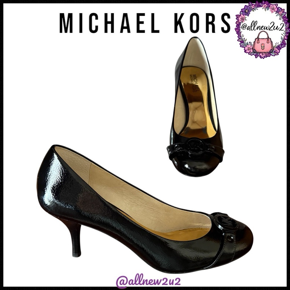 Michael Kors Fulton Mid Pump Blk Crinkled Patent Leather Heels Style 45T9FUMP2A